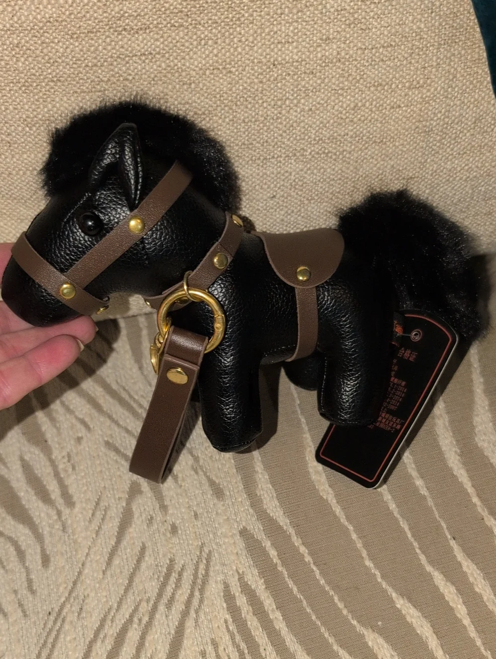 Black Leather Pony Bag Charm with Brown Harness and Gold Toned Hardware